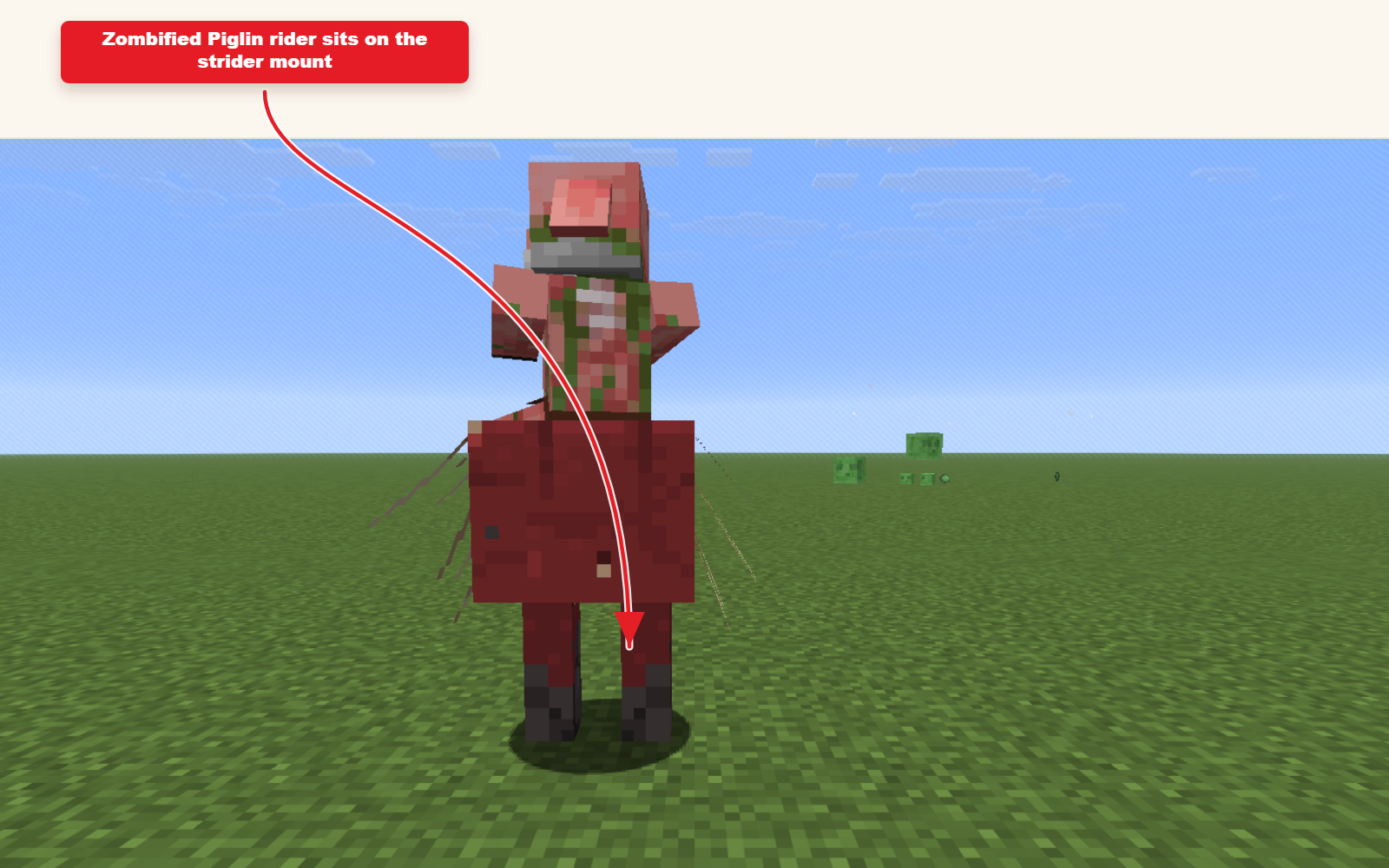 In-game screenshot showing strider jockey with a Zombified Piglin rider spawned from the preset command.