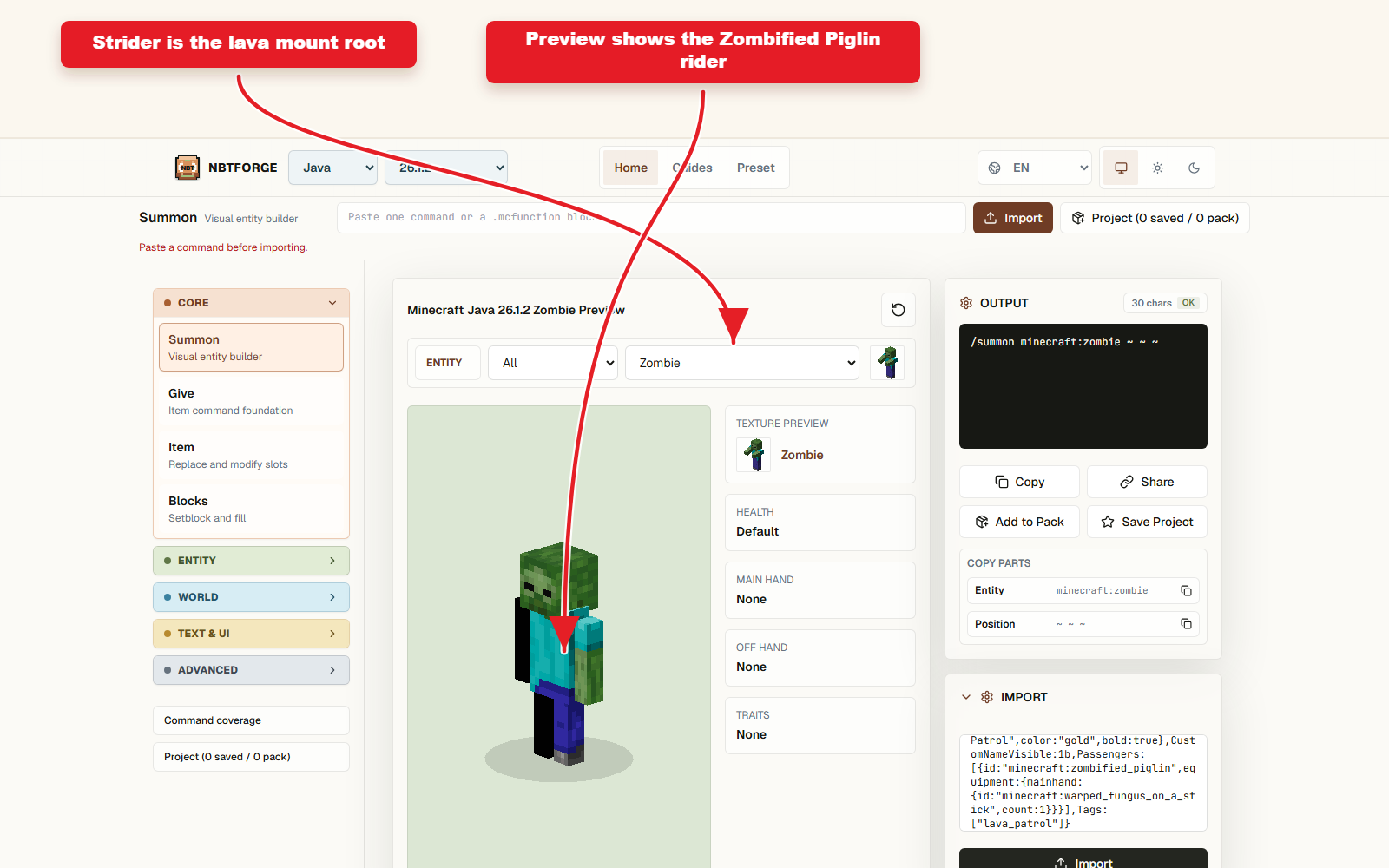 NBTForge Summon workbench configured for strider jockey with a Zombified Piglin rider.