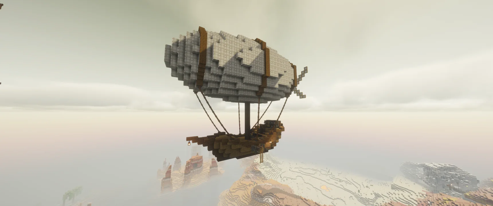 Survival Friendly Airship with White Envelope, Oak Planks, Oak Slab, Spruce Planks, Spruce Slab, Spruce Stairs, White Sail, and Copycat Step, visible proportions, and a 17 x 29 x 37 schematic footprint.