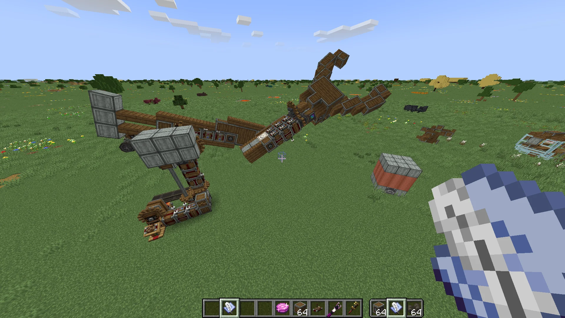 Survival Friendly Mechanical Arm with Andesite Casing, Spruce Slab, Redstone Link, Andesite Alloy Block, Encased Chain Drive, Gearbox, Cogwheel, and Spruce Vertical Slab, visible proportions, and a 5 x 13 x 27 schematic footprint.