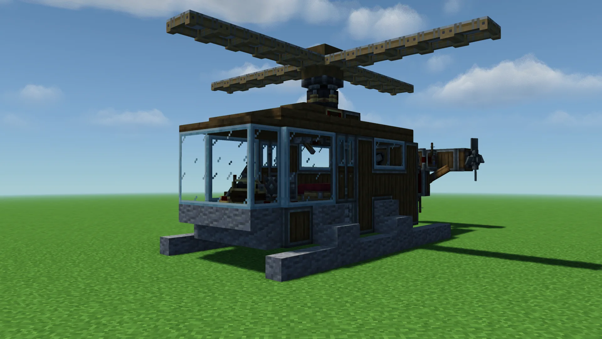 Survival Helicopter with Copycat Panel, Andesite Casing, White Sail, Spruce Slab, Framed Glass, Andesite, Copycat Step, and Spruce Planks, visible proportions, and a 11 x 7 x 14 schematic footprint.