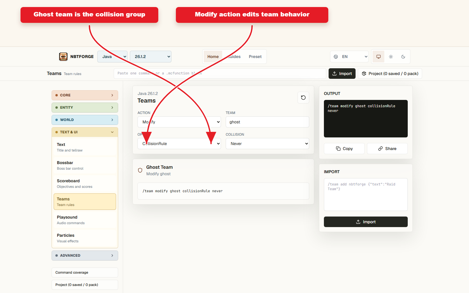 NBTForge Teams workbench configured for Team collision rule preset.