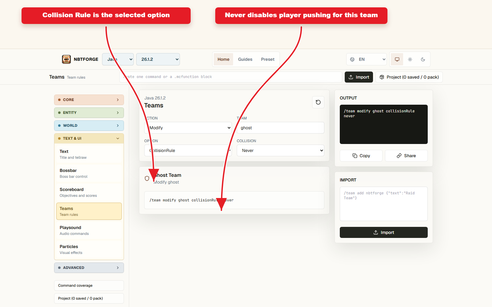 Detailed Teams settings for Team collision rule preset.