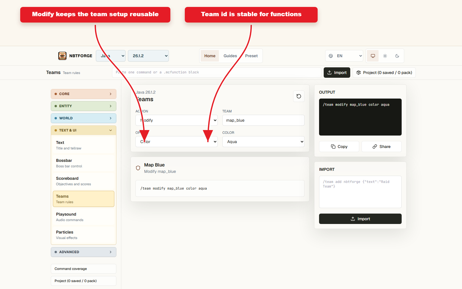 NBTForge Teams workbench configured for Team preset for colored names.