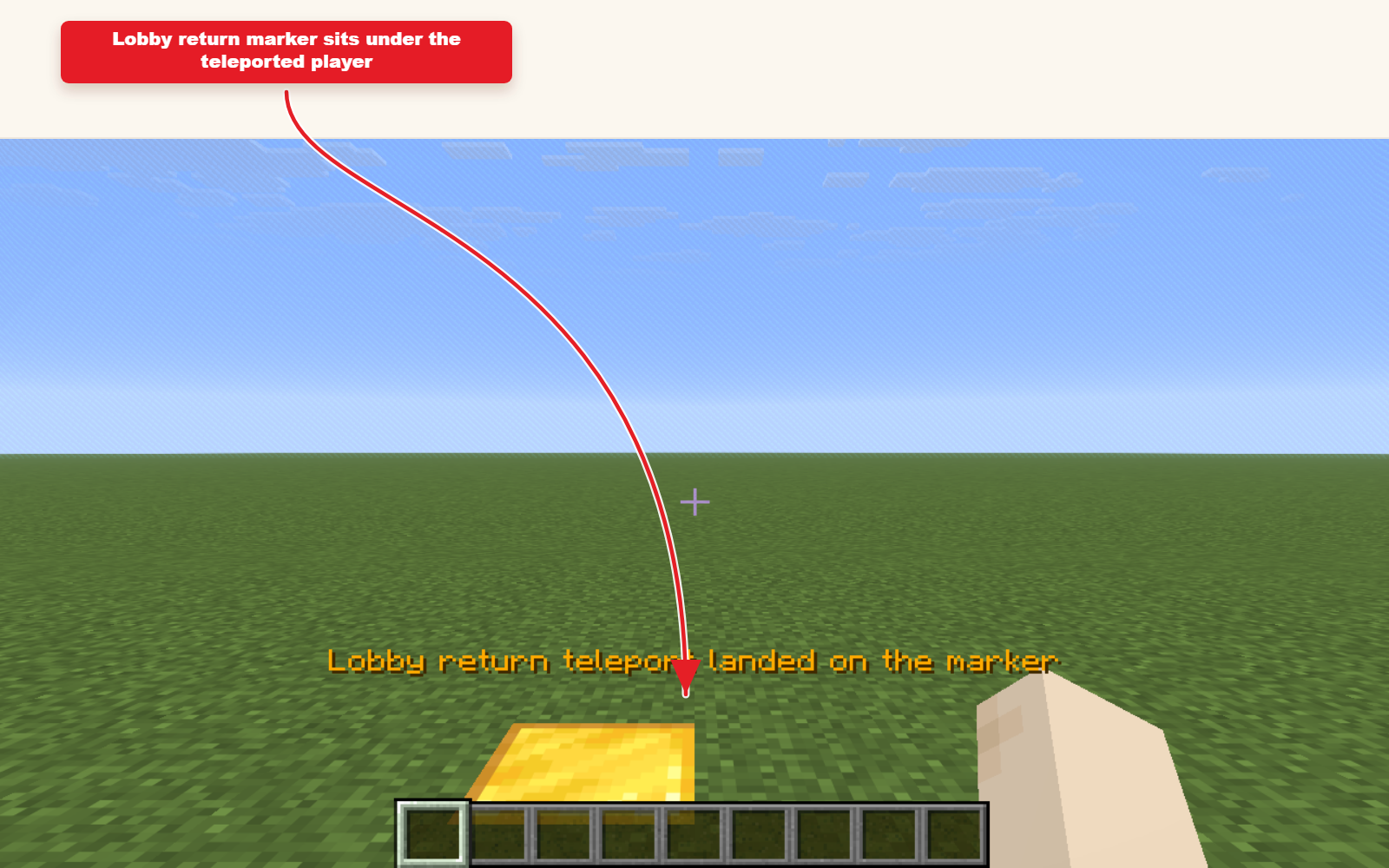 In-game Minecraft screenshot showing the result for Teleport preset for lobby returns.