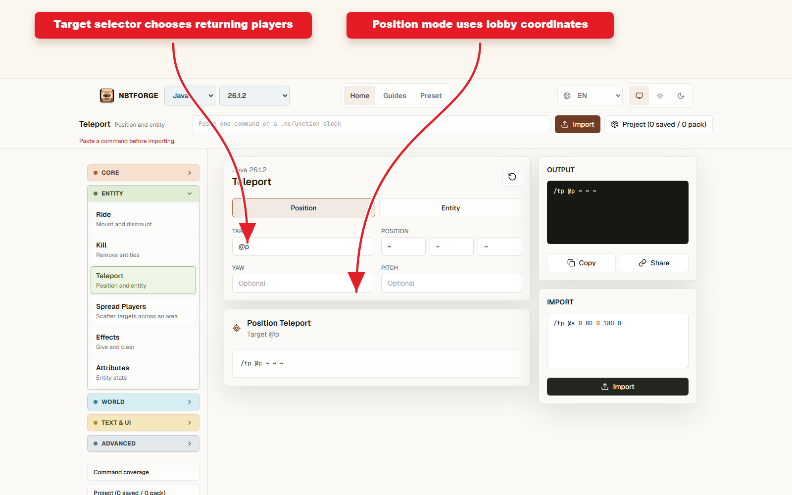 NBTForge Teleport workbench configured for Teleport preset for lobby returns.