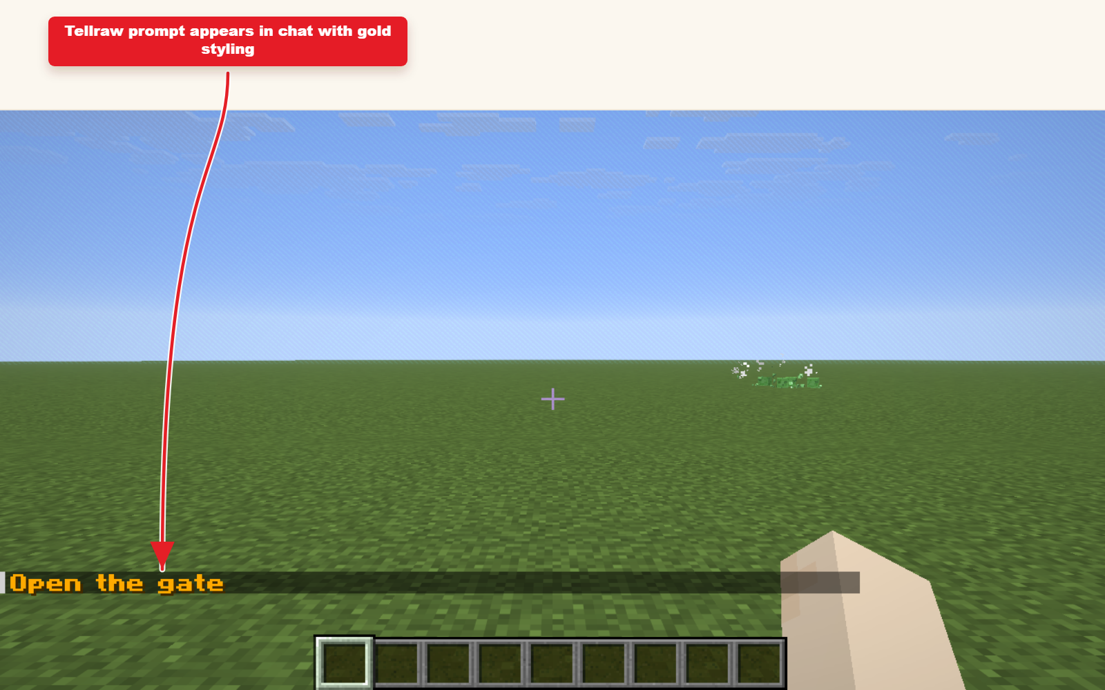 In-game Minecraft screenshot showing Tellraw preset with colors and click text result.