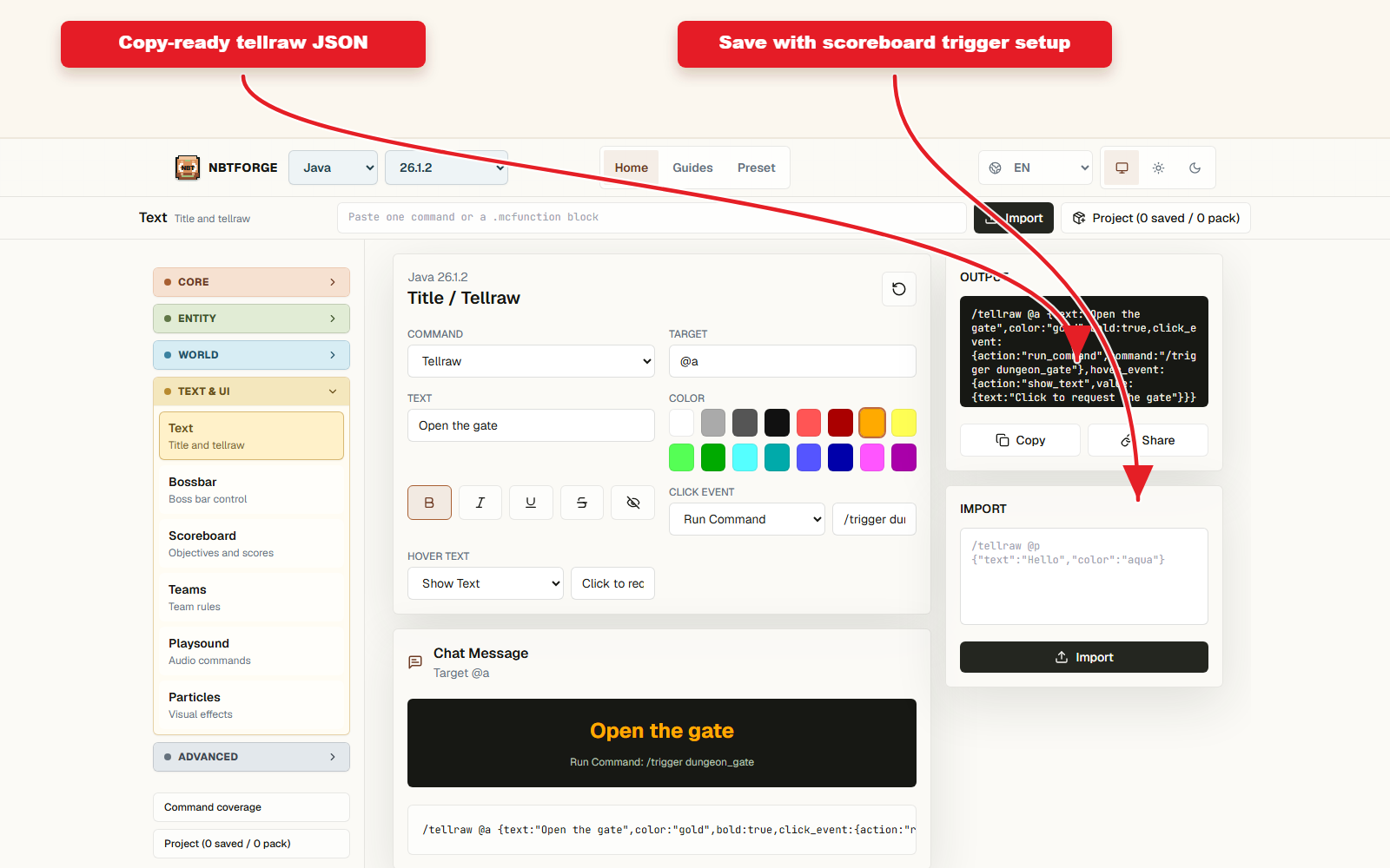 Copy-ready command output for Tellraw preset with colors and click text.