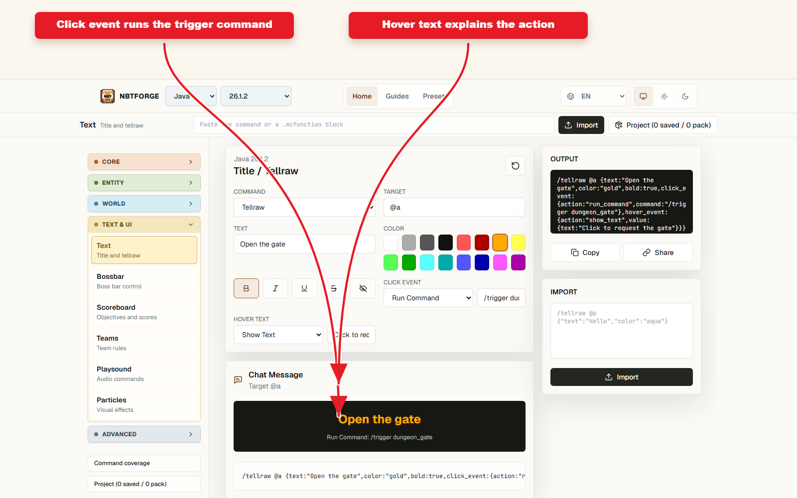 Detailed Text settings for Tellraw preset with colors and click text.