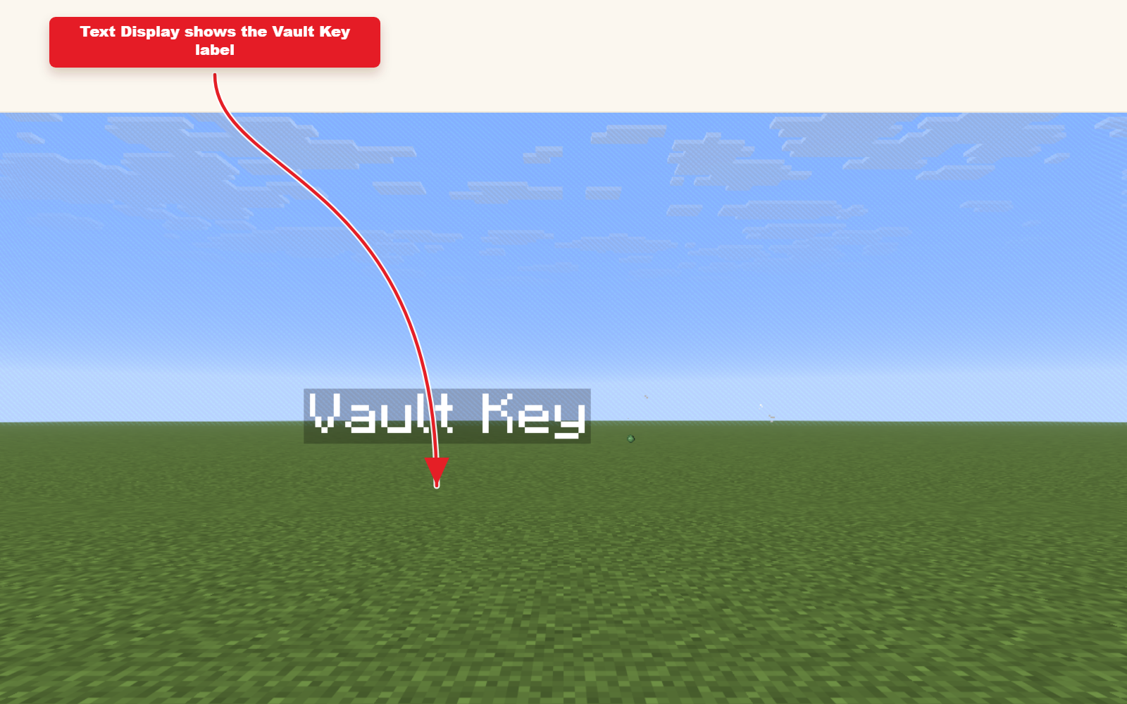 In-game screenshot showing text_display floating Vault Key label spawned from the preset command.
