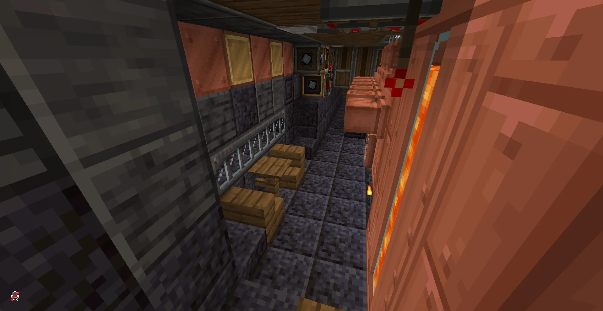 The Hyperion with Polished Blackstone, Polished Deepslate Wall, Metal Girder, Industrial Iron Block, Andesite Casing, Polished Blackstone Slab, Brass Block, and Polished Deepslate, visible proportions, and a 48 x 13 x 43 schematic footprint.
