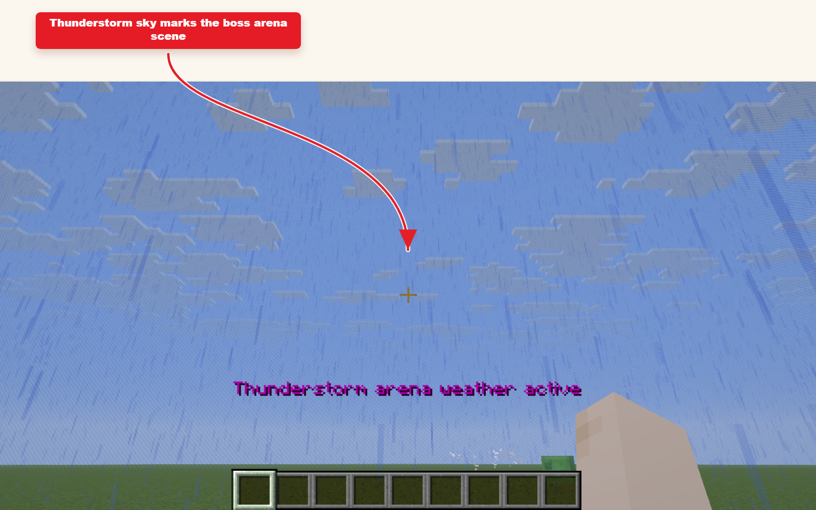 In-game Minecraft screenshot showing the result for Thunderstorm preset for boss arenas.