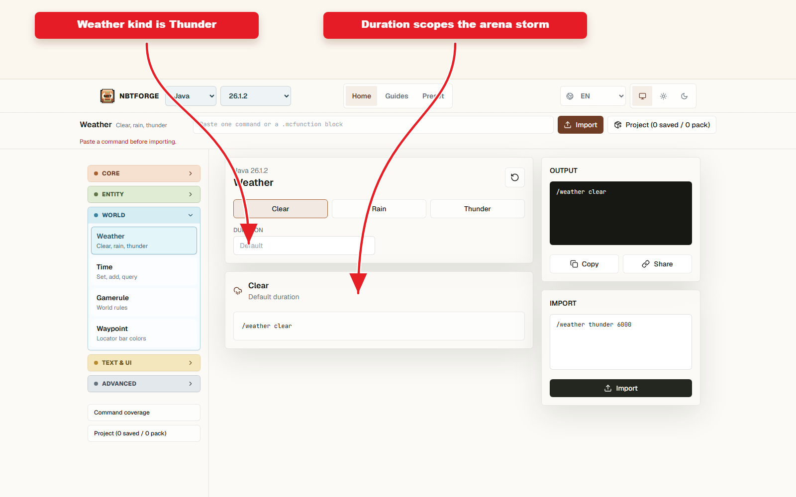 NBTForge Weather workbench configured for Thunderstorm preset for boss arenas.
