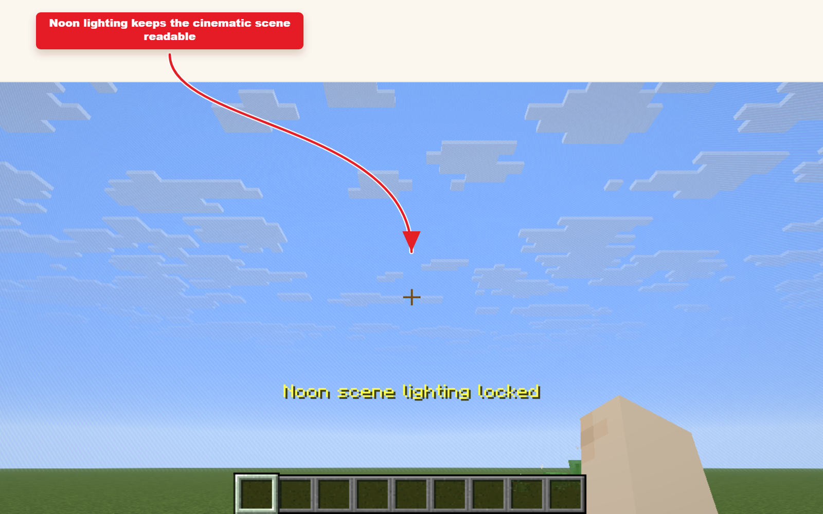 In-game Minecraft screenshot showing the result for Time preset for cinematic scenes.