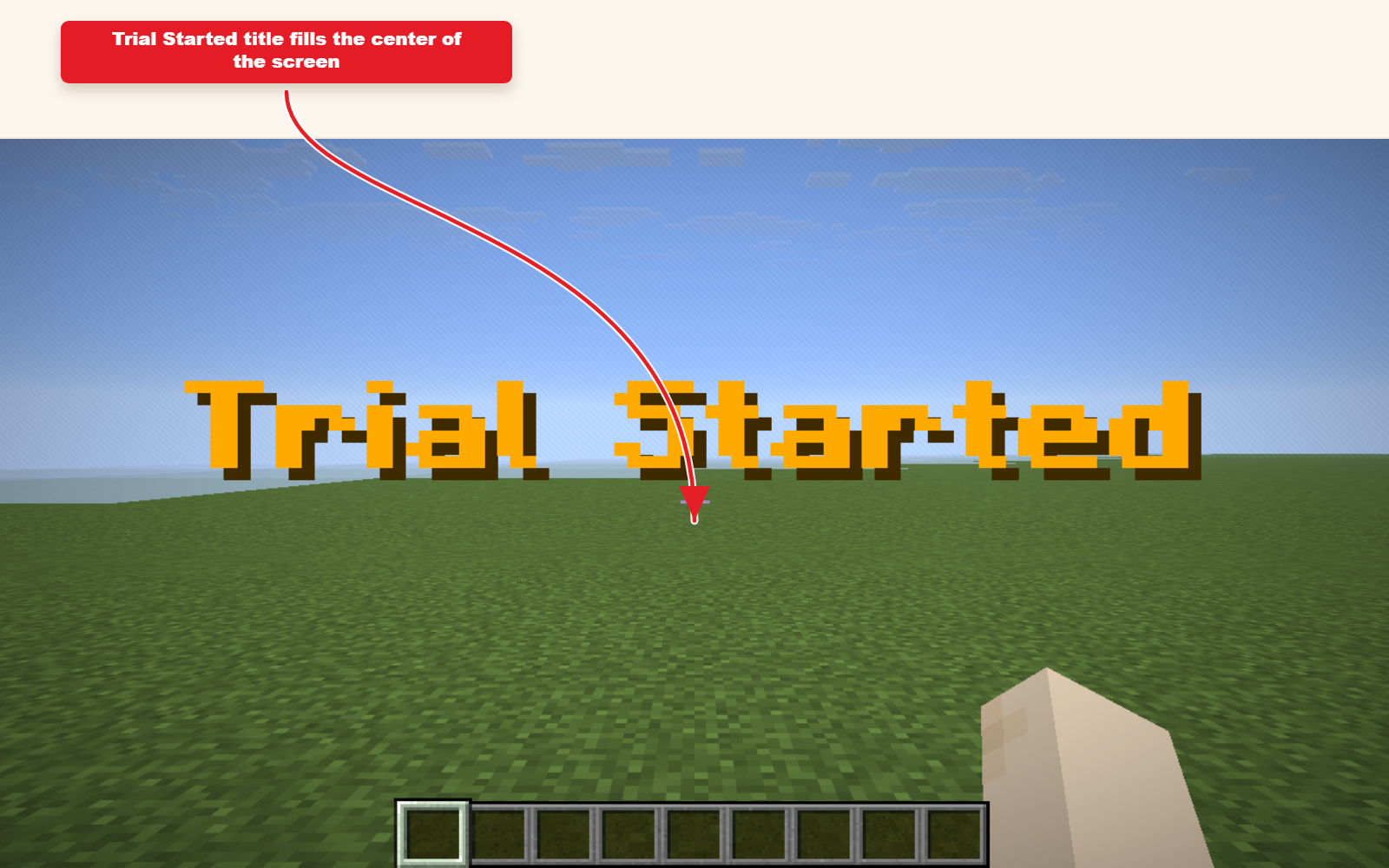 In-game Minecraft screenshot showing Title preset for quest messages result.