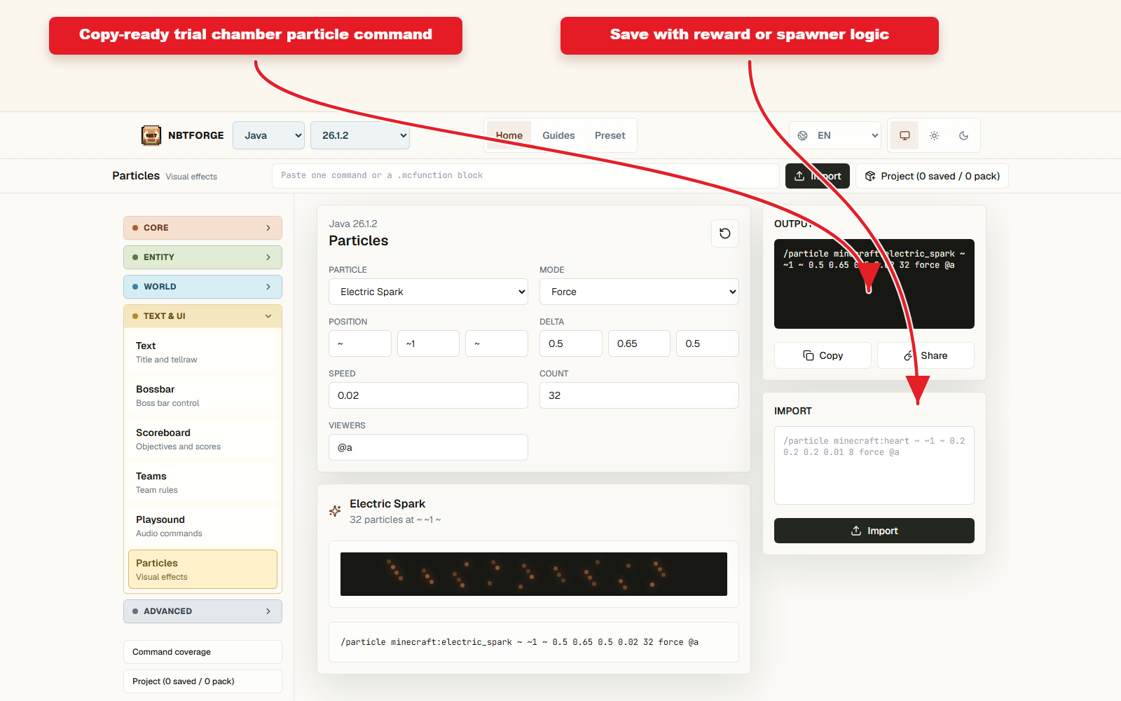 Copy-ready command output for Trial chamber particle preset.