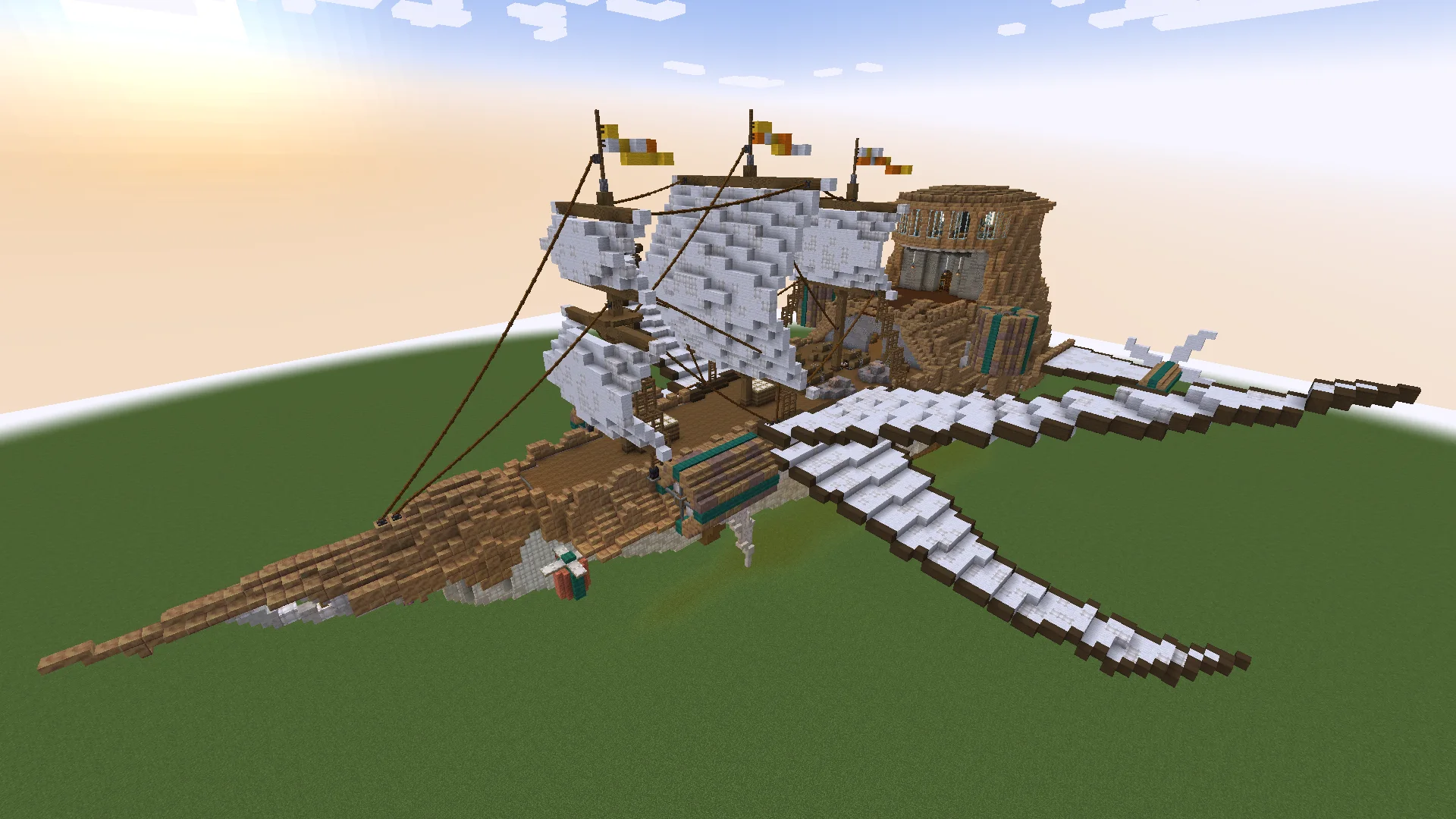 Uberswe's Airship in Aeronautics with White Envelope, Experience Block, Andesite Casing, Cut Ochrum, White Wool, Polished Cut Ochrum, Brass Casing, and Copycat Panel, visible proportions, and a 99 x 56 x 129 schematic footprint.