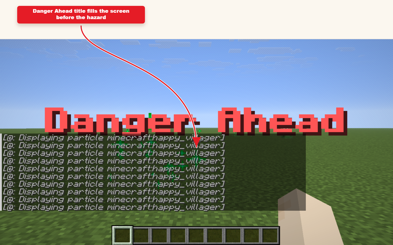 In-game Minecraft screenshot showing the result for Warning alert preset with title and sound.