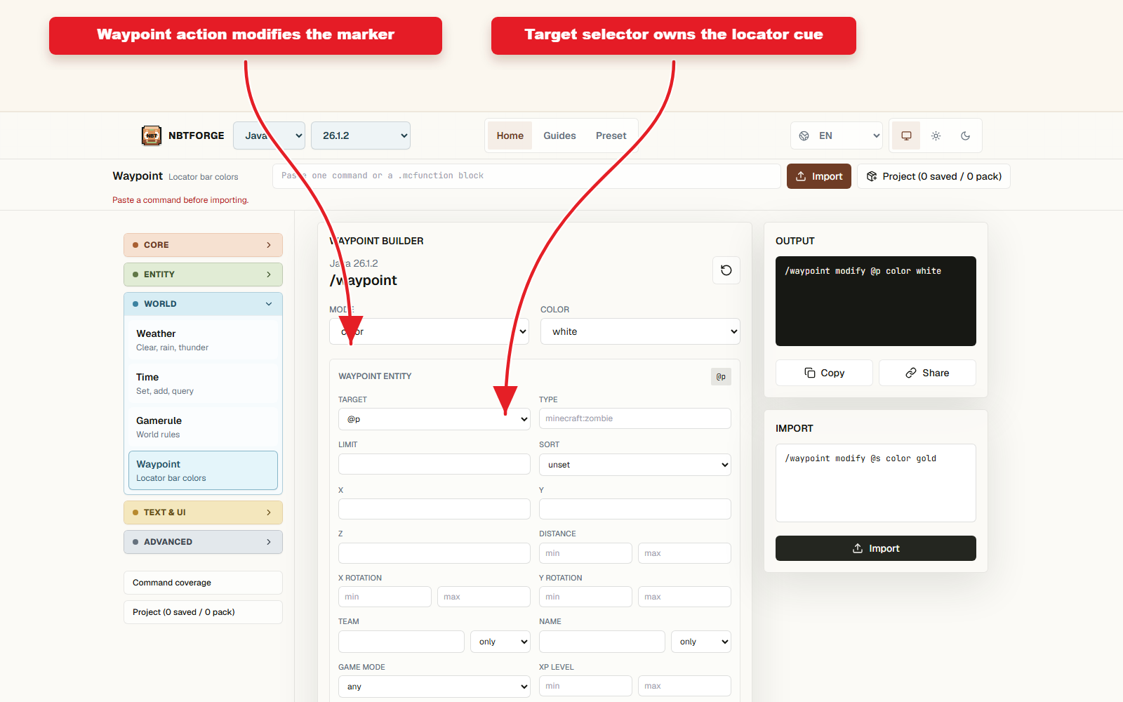 NBTForge Waypoint workbench configured for Waypoint preset for locator bars.