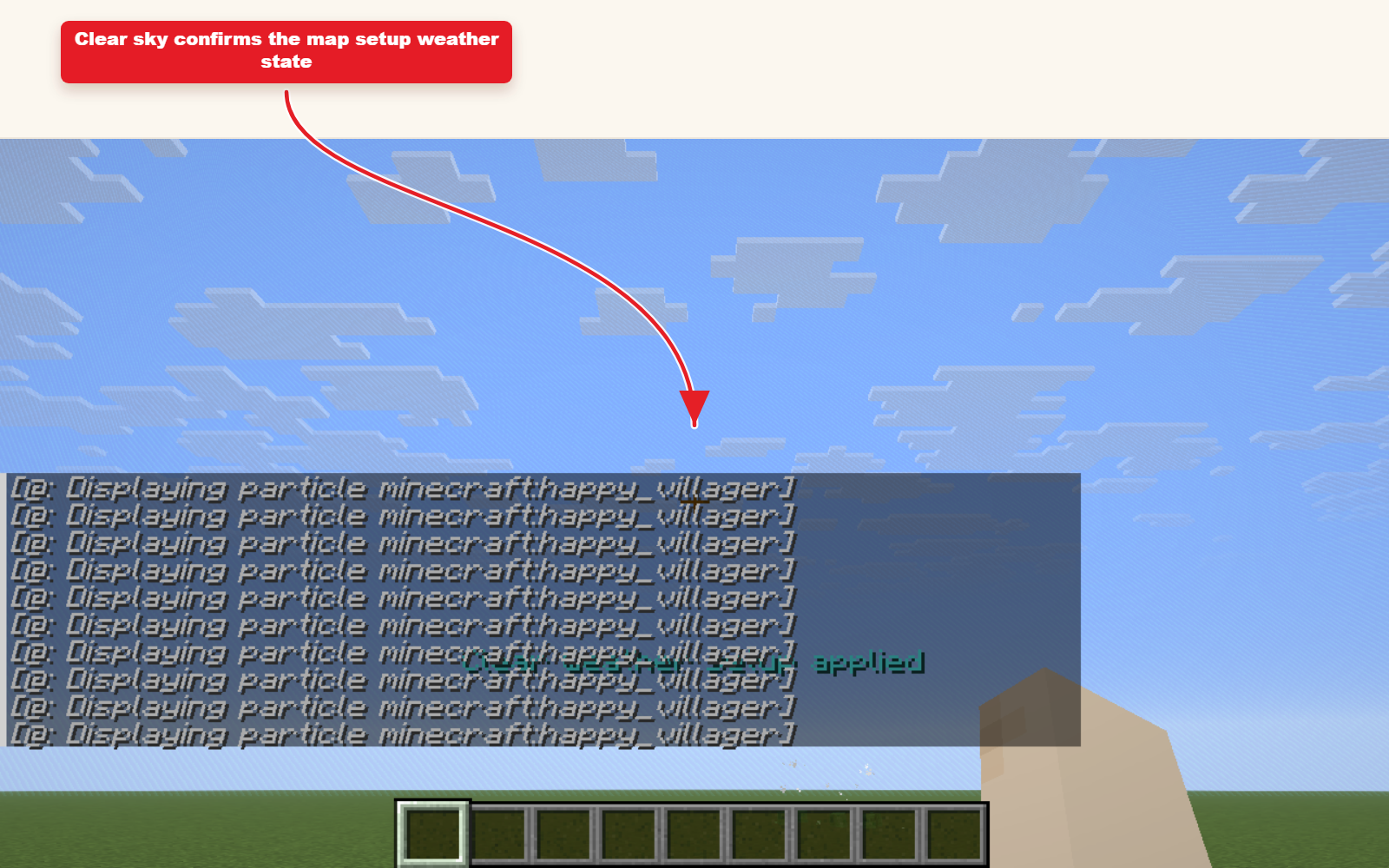 In-game Minecraft screenshot showing the result for Weather preset for map setup.