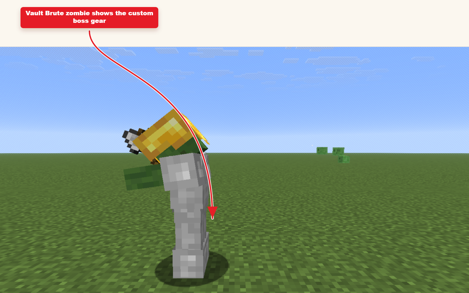 In-game screenshot showing Vault Brute zombie boss with custom gear spawned from the preset command.