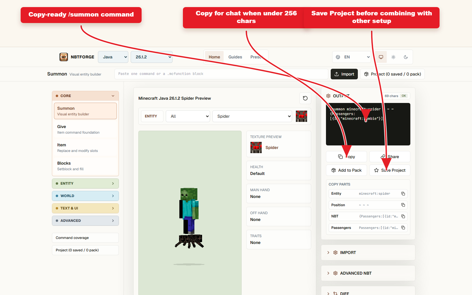 Copy-ready zombie riding spider summon command in the NBTForge output panel.