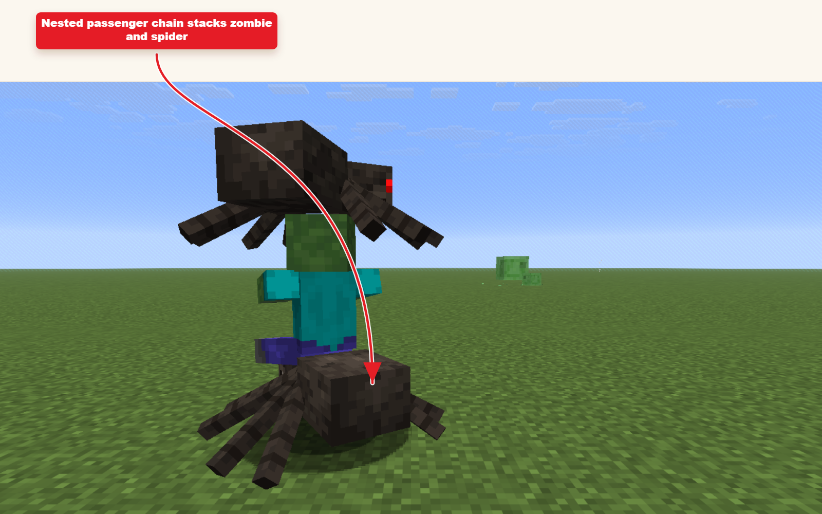 In-game screenshot of a nested zombie and two spiders passenger stack.