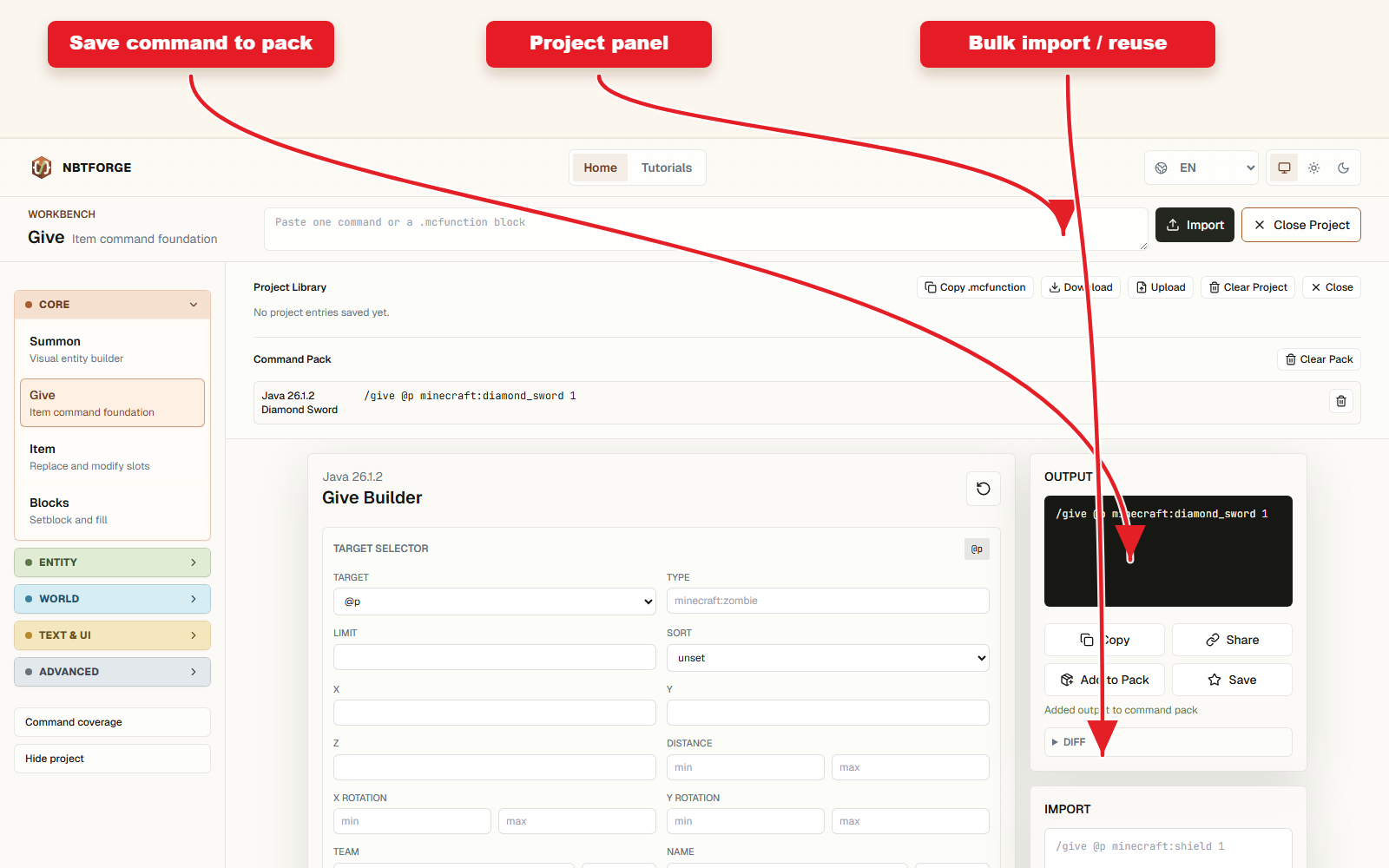 NBTForge Project library with arrows pointing to bulk import, saved entries, and command pack output