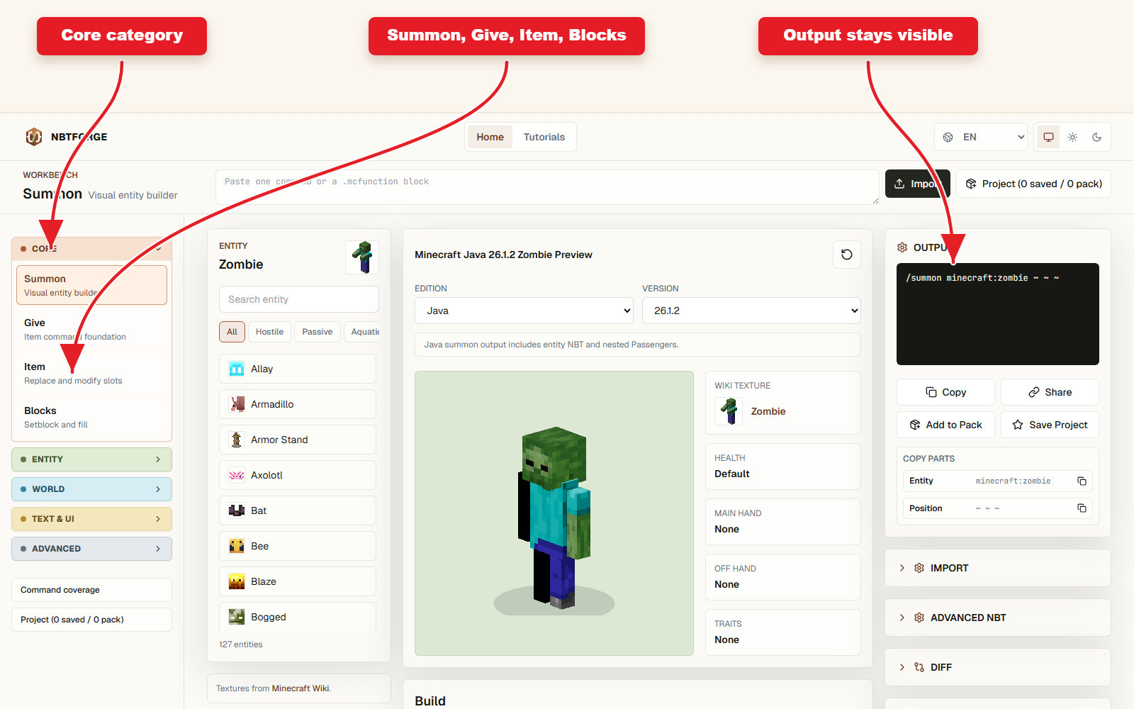 NBTForge Core category with arrows pointing to Summon, Give, Item, and Blocks modules