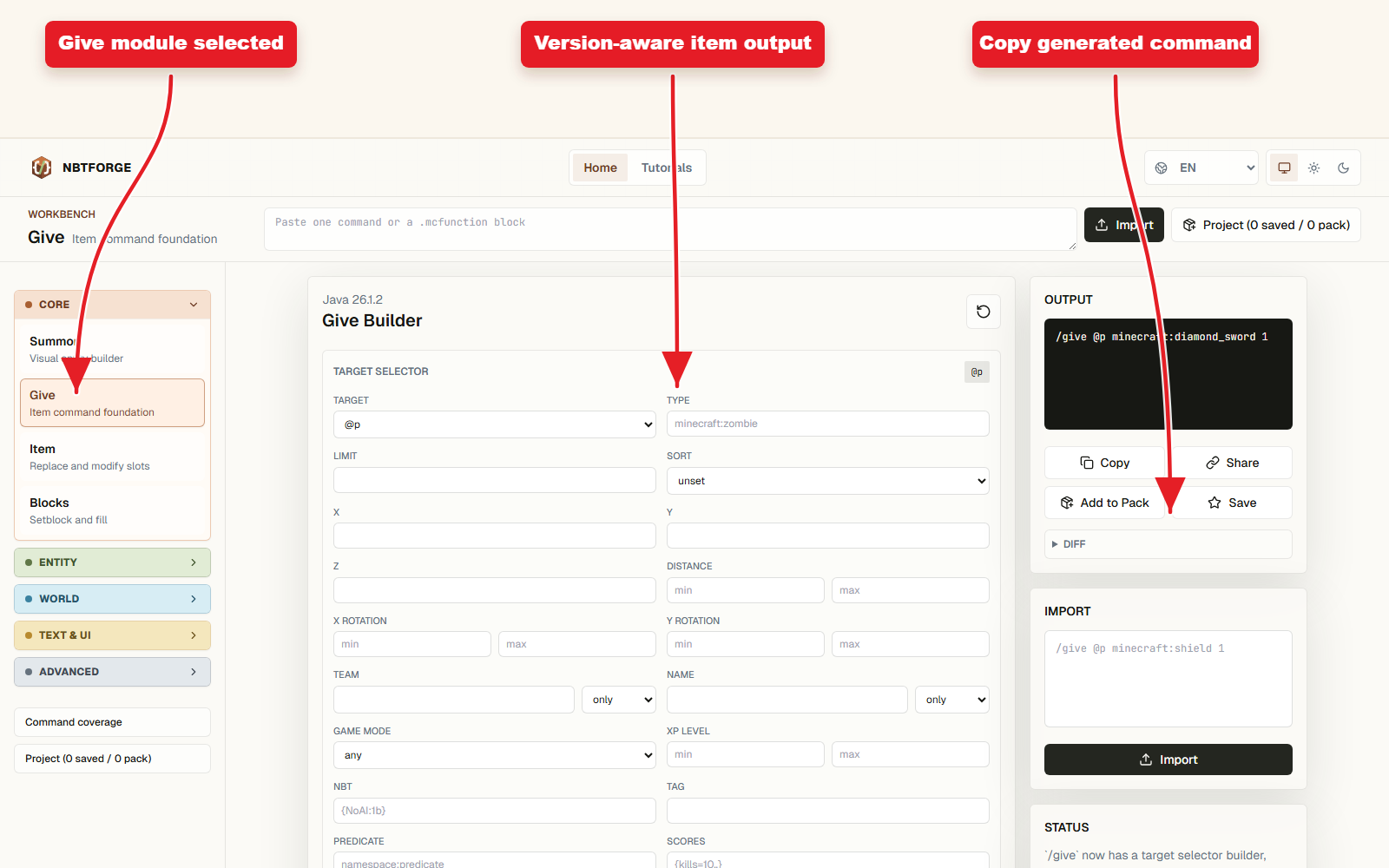 NBTForge Give builder with arrows pointing to item selection, version controls, and generated output