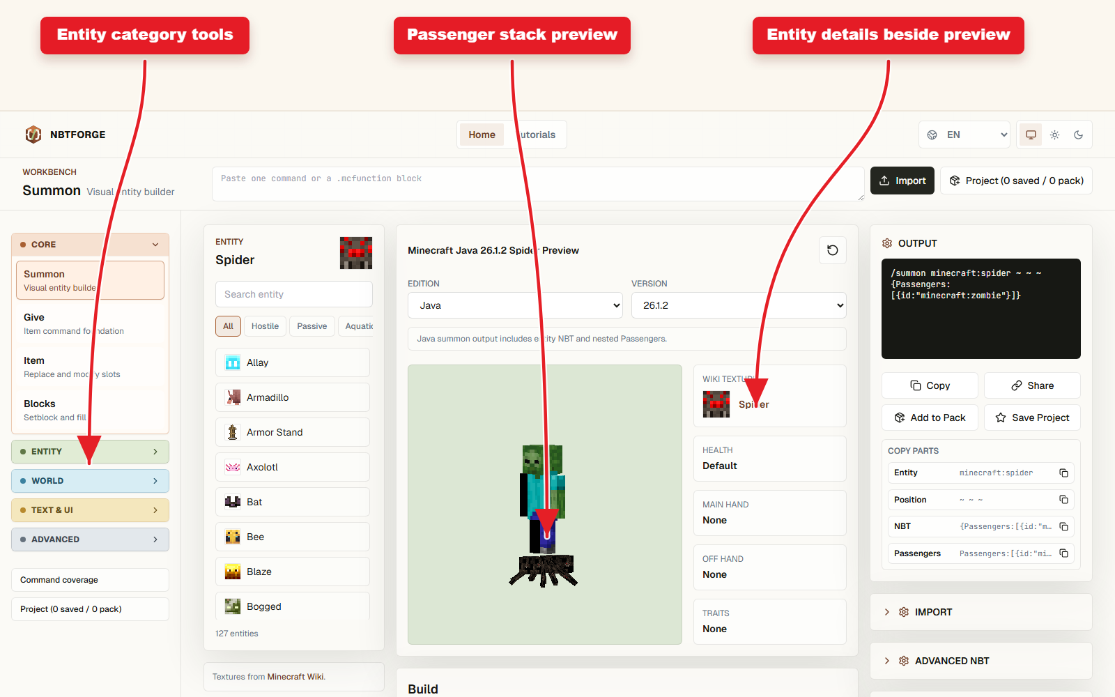 NBTForge Summon preview with arrows pointing to stacked passengers and passenger controls