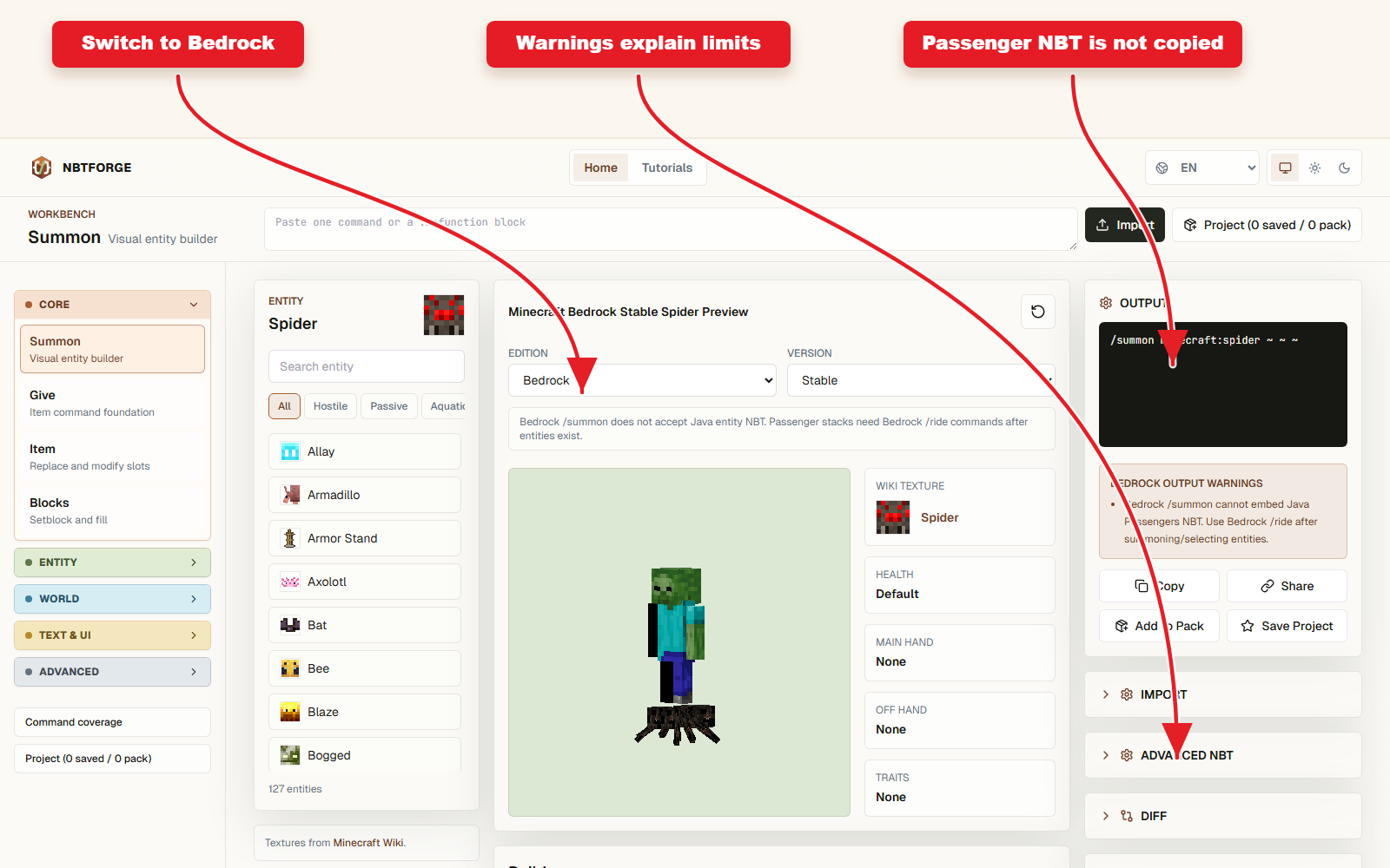 NBTForge Bedrock summon output with arrows pointing to Edition selector and Bedrock warning