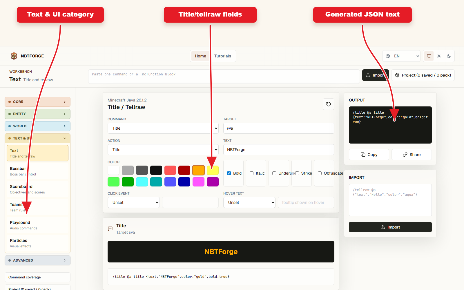 NBTForge Text builder with arrows pointing to Text and UI category, title controls, and output