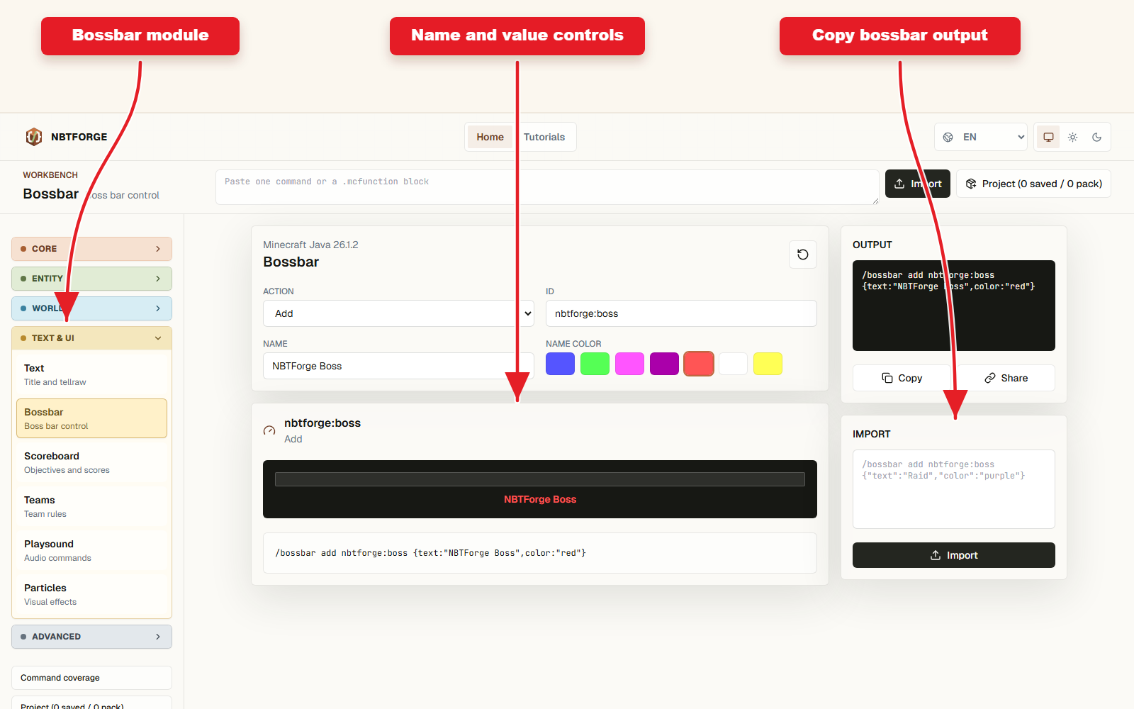 NBTForge Bossbar builder with arrows pointing to bossbar controls and generated command output