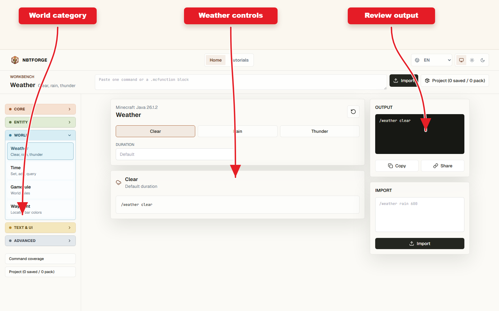 NBTForge Weather builder with arrows pointing to World category, weather controls, and output