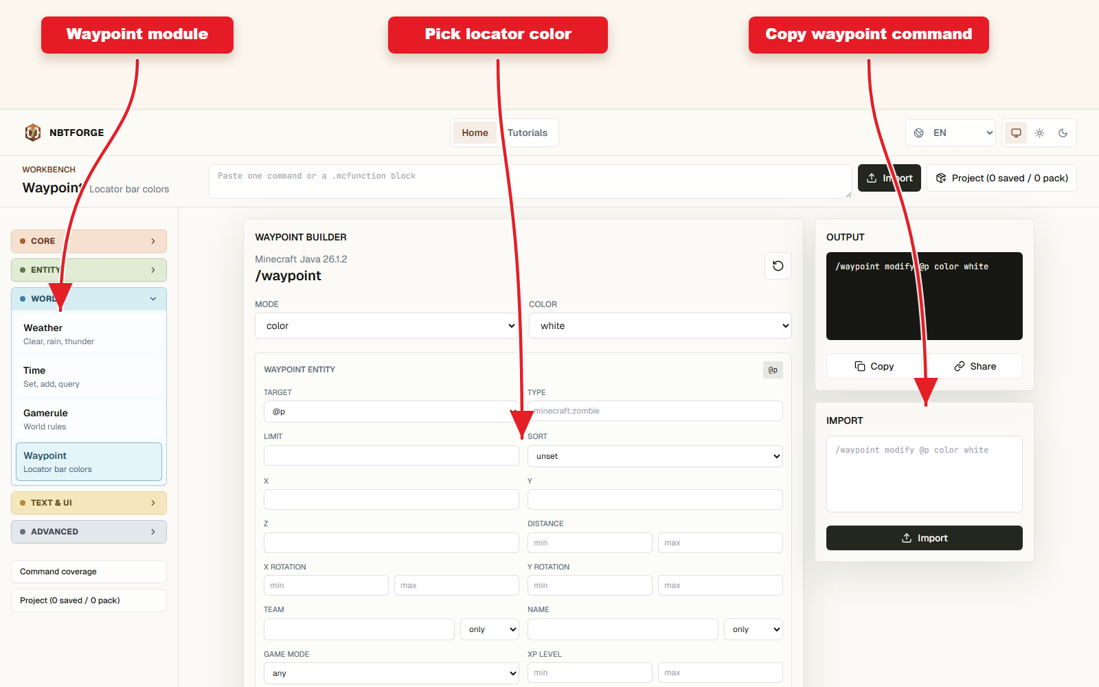 NBTForge Waypoint builder with arrows pointing to color controls and output panel