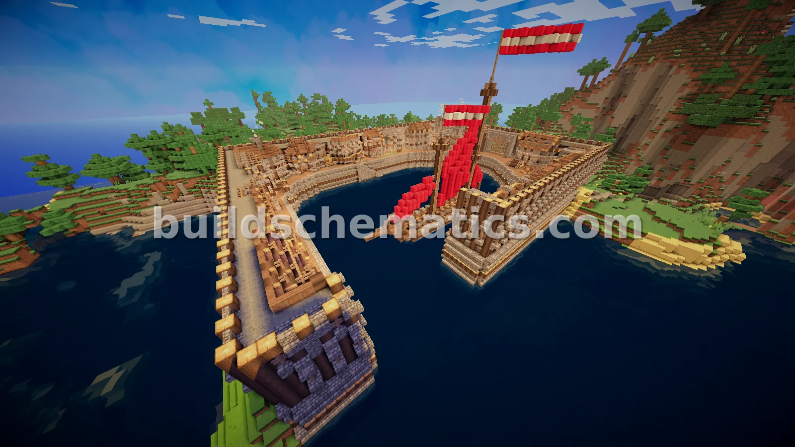 Coastal Village With Ship