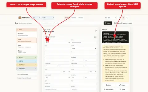 NBTForge Give workbench screenshot targeting Java 1.20.4 legacy item NBT output.