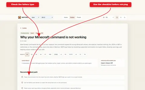 Guide screenshot showing the Minecraft command troubleshooting checklist.