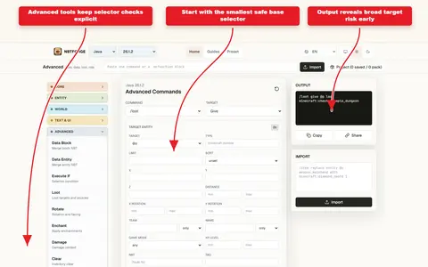 NBTForge Advanced workbench screenshot showing selector review before command output.