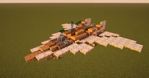 AeroFighter-01 - Gladius with White Sail, Oak Trapdoor, White Symmetric Sail, Andesite Encased Cogwheel, Oak Slab, Oak Stairs, Redstone Link, and Swivel Bearing, visible proportions, and a 19 x 5 x 17 schematic footprint.