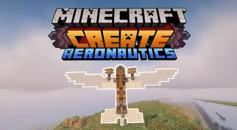 Aeronautics Airplane with White Sail, Andesite Casing, White Symmetric Sail, Spruce Slab, Sail Frame, Belt, Redstone Link, and Yellow Portable Engine, visible proportions, and a 39 x 6 x 17 schematic footprint.