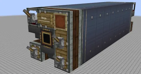 Aeronautics Vault Shipping Container with Item Vault, Lever, Linear Chassis, Hopper, Packager, Docking Connector, and Oak Wall Sign, visible proportions, and a 13 x 3 x 3 schematic footprint.