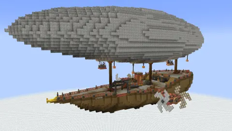 "Aerostar" airship, create aeronautics with White Envelope, Oak Planks, Stripped Spruce Wood, Oak Slab, Oak Stairs, Polished Andesite, Polished Cut Andesite, and Cut Andesite, visible proportions, and a 47 x 49 x 102 schematic footprint.