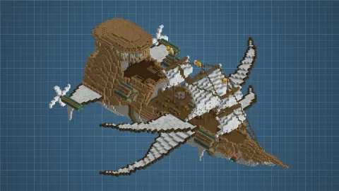 Airship by Migz with Cut Limestone, Cut Ochrum, Andesite Casing, Polished Cut Ochrum, White Wool, Spruce Fence, Brass Casing, and White Concrete, visible proportions, and a 109 x 68 x 191 schematic footprint.