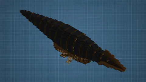 BLACKBLIMP with Black Envelope, Dark Oak Planks, Spruce Log, Dark Oak Stairs, Brass Casing, Dark Oak Slab, Spruce Planks, and Black Carpet, visible proportions, and a 31 x 25 x 107 schematic footprint.