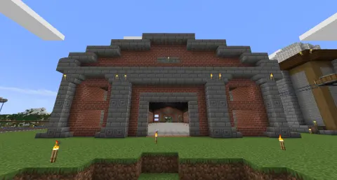 Brick Factory with Smooth Stone, Blackstone, Bricks, Polished Blackstone, Stone Bricks, Grass Block, Chiseled Stone Bricks, and Stone Brick Stairs, visible proportions, and a 77 x 15 x 29 schematic footprint.