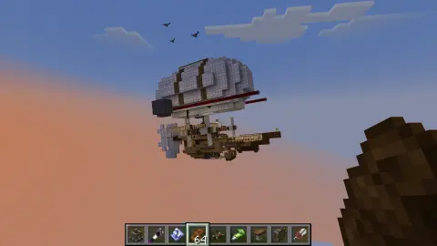 Compact Capable Airship with a white balloon envelope, spruce hull, brass catwalks, controls, and Create Aeronautics machinery.