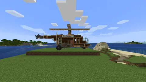 Cargo Helicopter with Brass Casing, Copycat Panel, White Sail, Brass Bars, Redstone Link, Copycat Vertical Stairs, Cogwheel, and Copycat Slab, visible proportions, and a 7 x 8 x 20 schematic footprint.