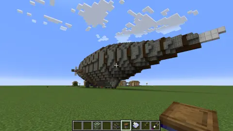 Cargo Zepplin with Light Gray Envelope, Spruce Log, Polished Deepslate Stairs, Item Vault, Copycat Panel, Polished Deepslate, Spruce Planks, and Tiled Glass, visible proportions, and a 100 x 24 x 34 schematic footprint.
